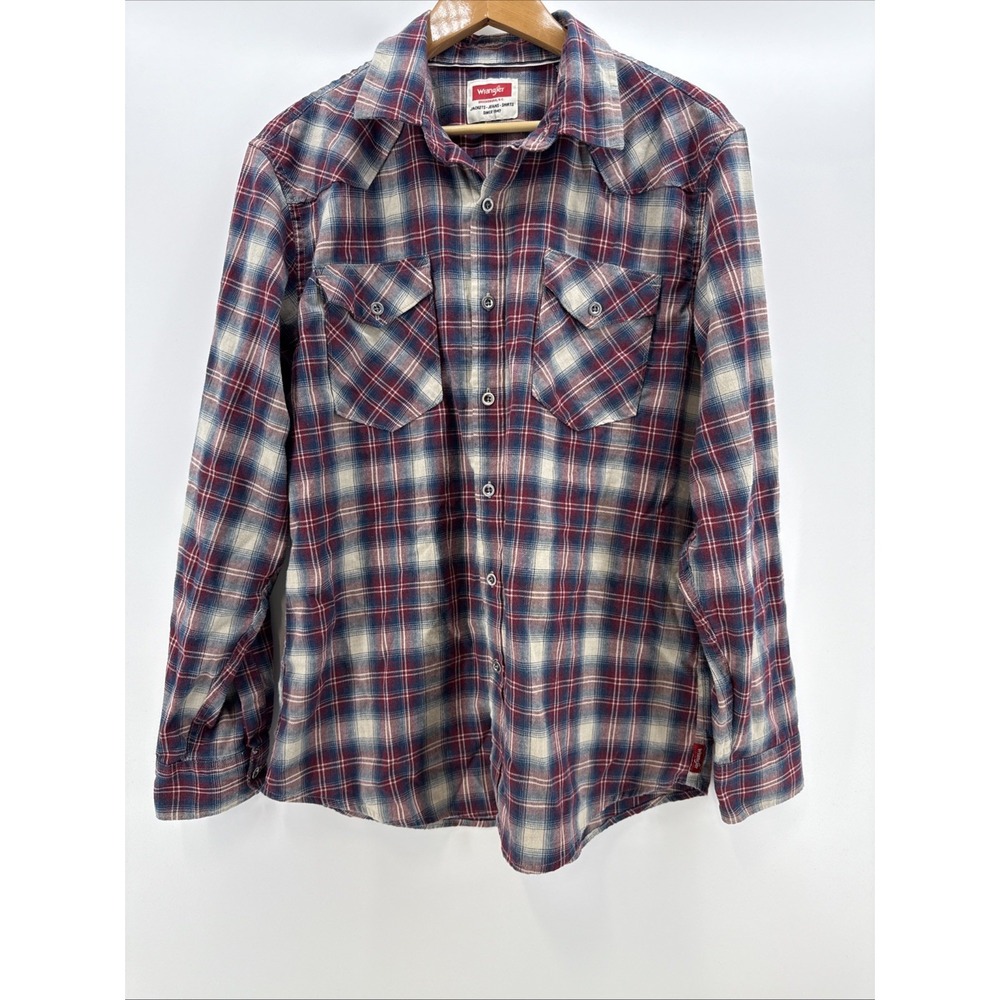 Wrangler Authentics‎ Flannel Shirt Men's Size Large Blue + Red Plaid Button Up